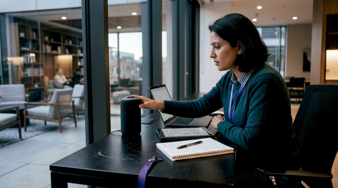 Woman testing virtual assistant device in office