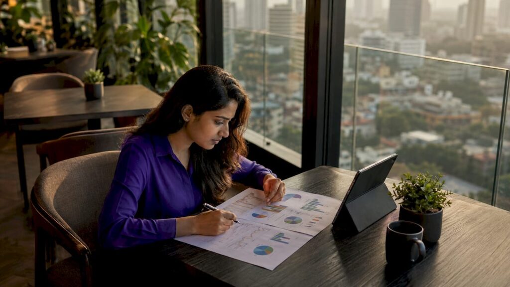 Professional reviewing AI data in office