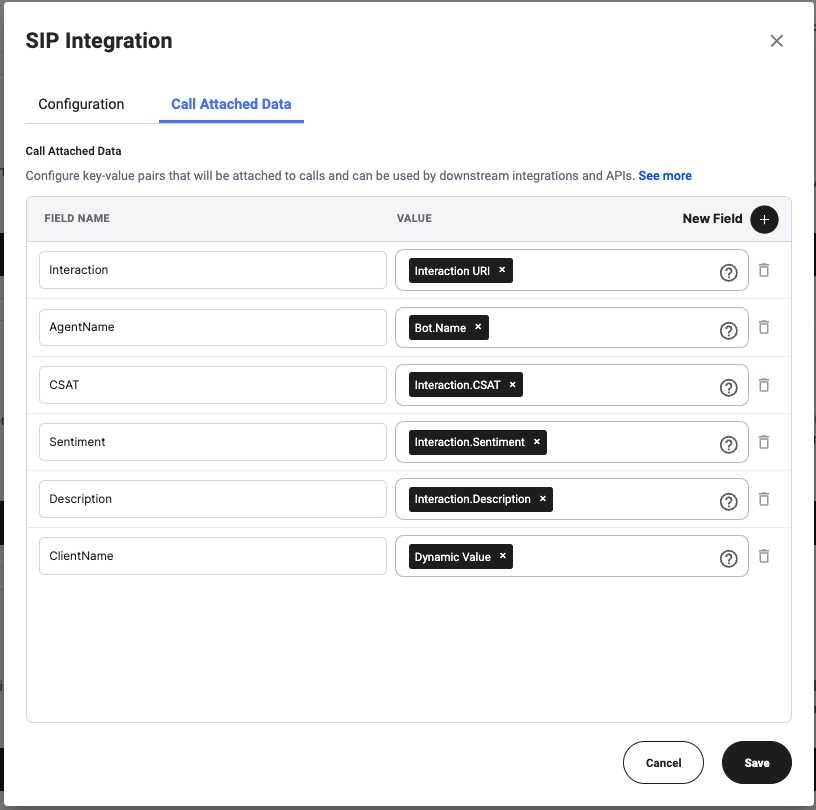 SIP Call Attached Data tab