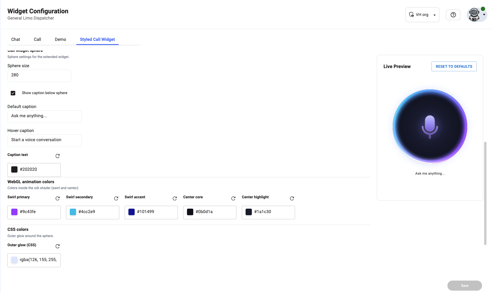 Styled Call Widget configuration with live preview