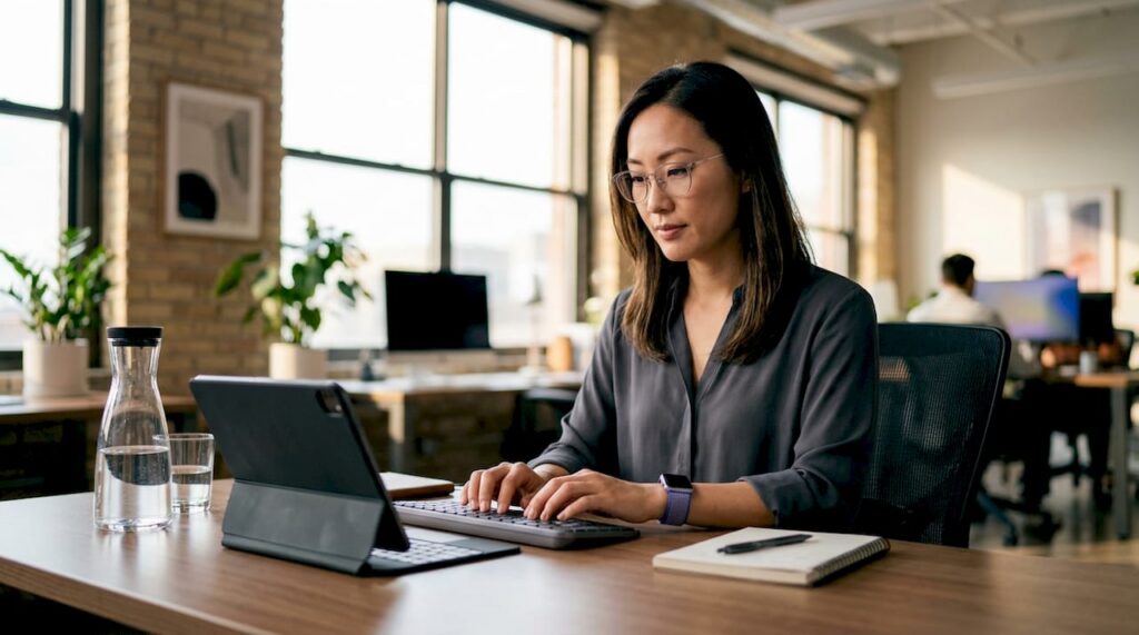 Woman agent working at corporate call center desk