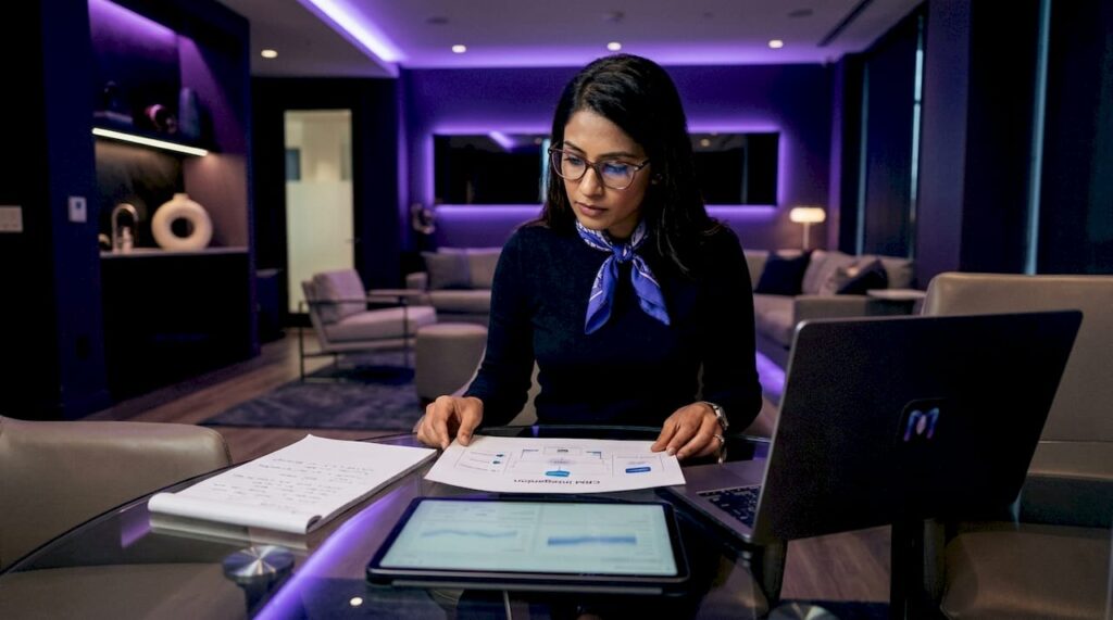 Woman studying CRM chatbot integration diagrams
