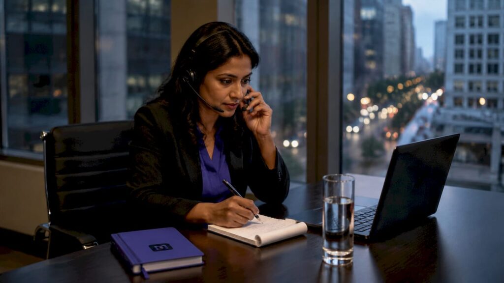 Agent adjusting headset in call center office