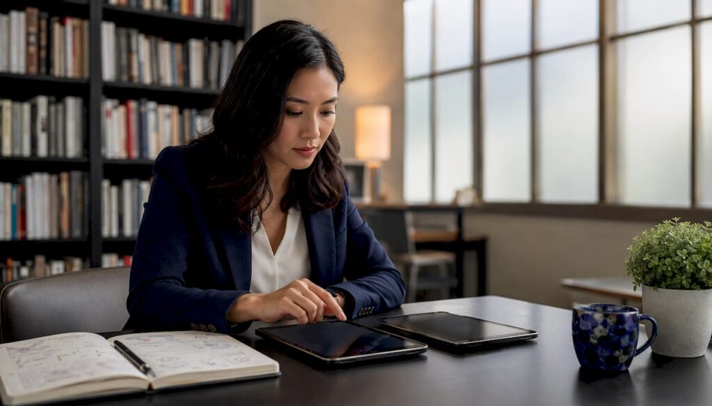 Woman comparing AI chatbot platforms on tablets