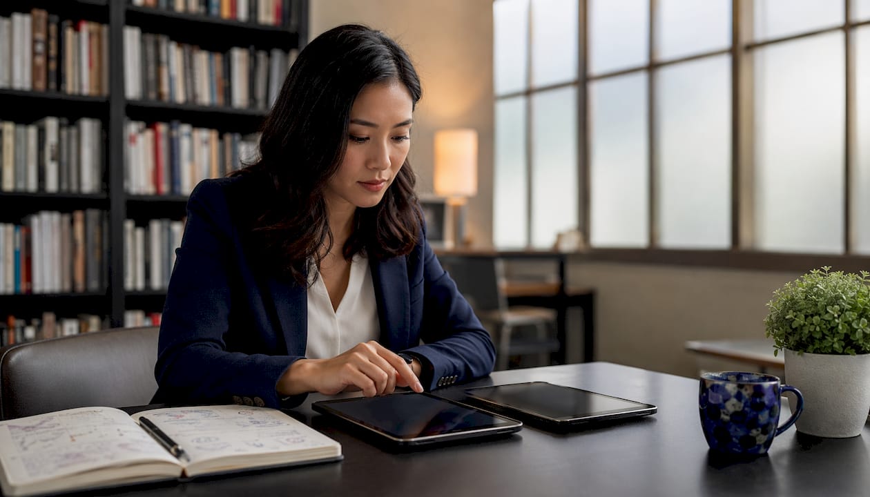 Woman comparing AI chatbot platforms on tablets