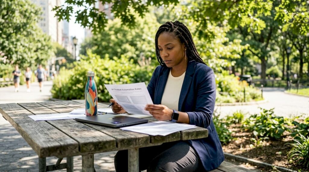 Customer service manager reviewing AI chatbot report