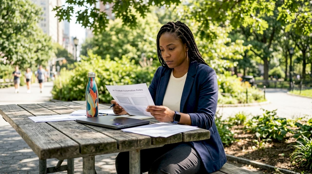 Customer service manager reviewing AI chatbot report