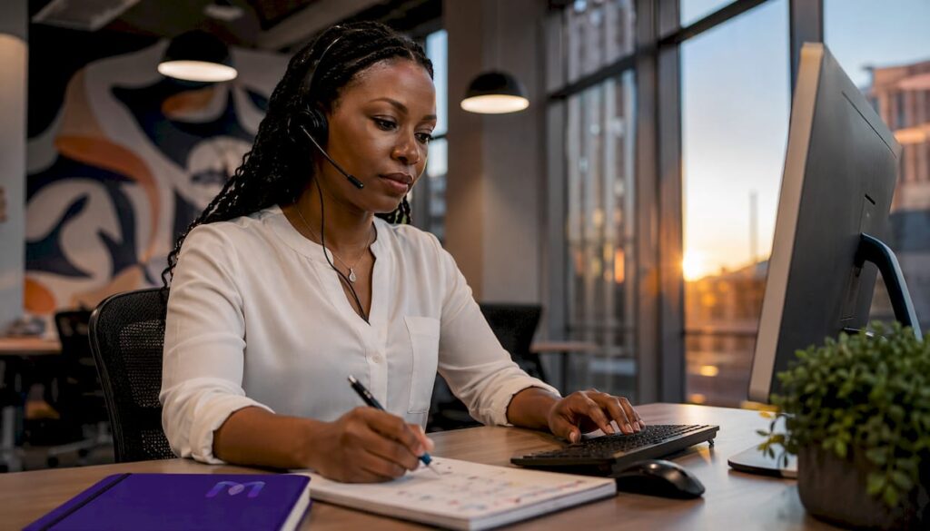 Call center agent working with headset at desk