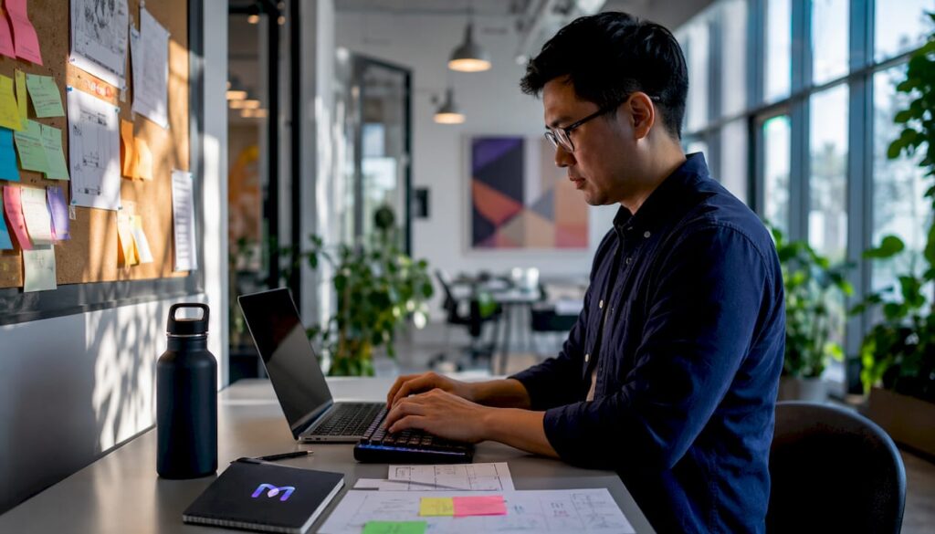 Software engineer typing code at modern standing desk