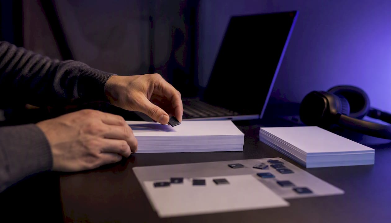 Hands arranging data items on tech workspace
