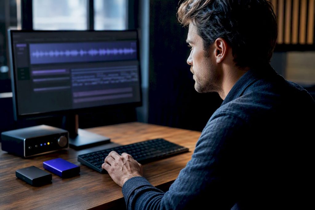 Analyst reviewing transcript metadata workstation