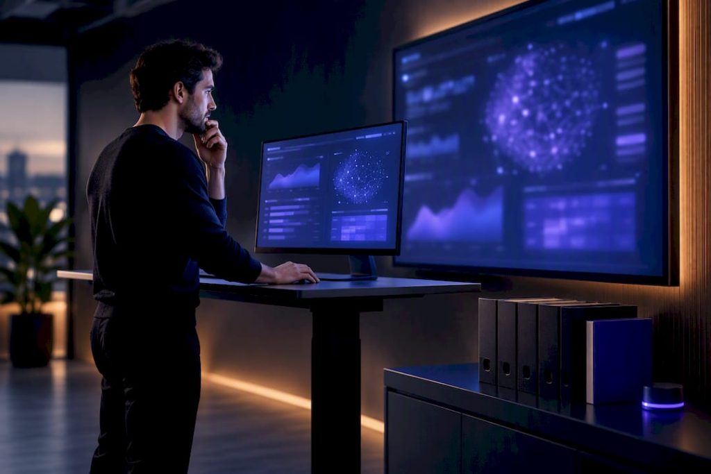 Engineer comparing source and retrieval monitoring screens