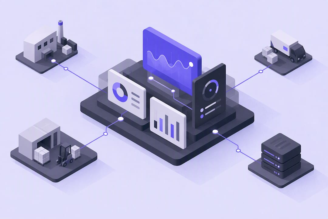 Ilustración isométrica de un panel de control operativo en tiempo real