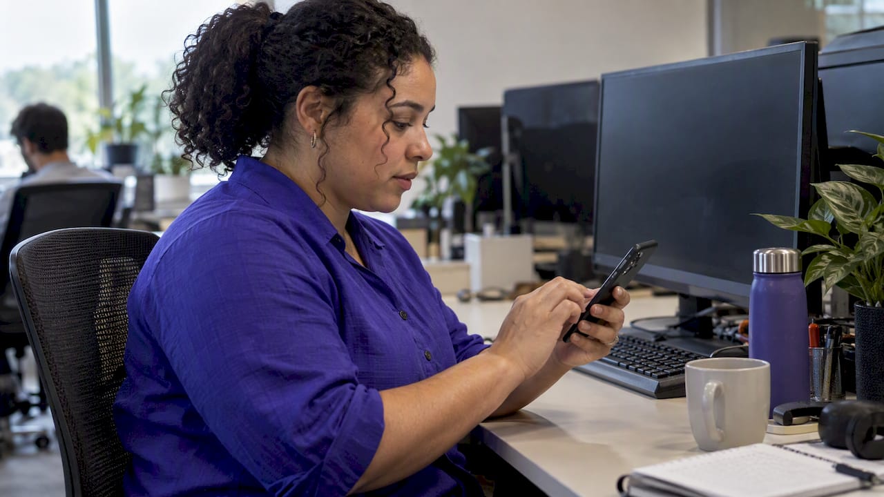 QA specialist testing a chatbot on her phone