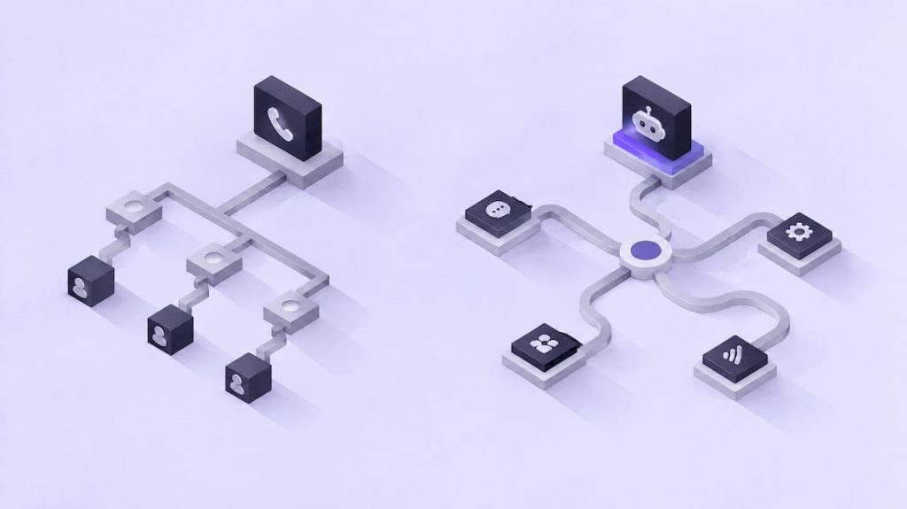 Ilustración geométrica que compara voicebot y IVR