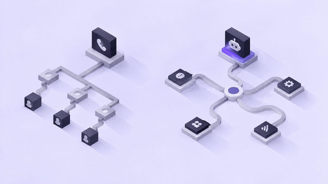 Ilustración geométrica que compara voicebot y IVR